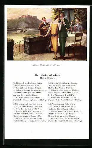 Künstler-AK St. Goar, Ruine Rheinfels, Der Rheinenthusiast, Soll ich euch ein Liedchen singen..., Lied