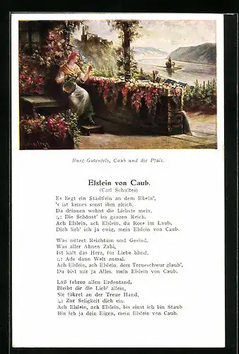 Künstler-AK Caub, Ortspartie mit Burg Gutenfels und der Pfalz, Elslein von Caub, Lied