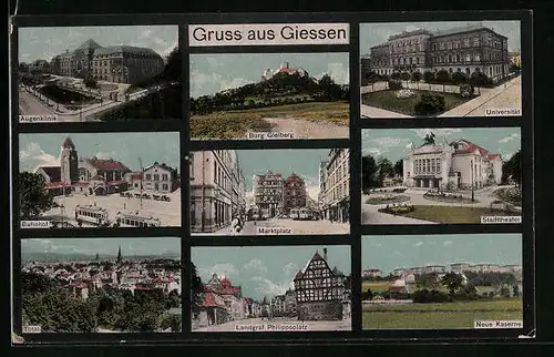 AK Giessen, Bahnhof, Marktplatz, Neue Kaserne