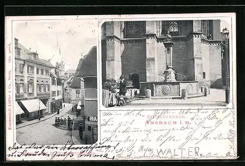 AK Ansbach i. B., Stiftsbrunnen, Ulstrasse mit St. Gumbertuskirche