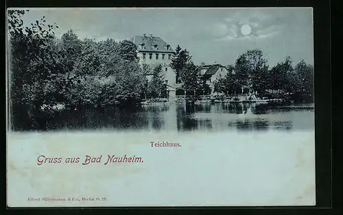 Mondschein-AK Bad Nauheim, Idylle am Teichhaus