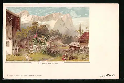 Lithographie Partenkirchen, Partie am Bauernhaus