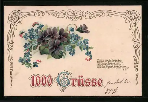 Präge-AK Vergissmeinnicht und Veilchen senden 1000 Grüsse