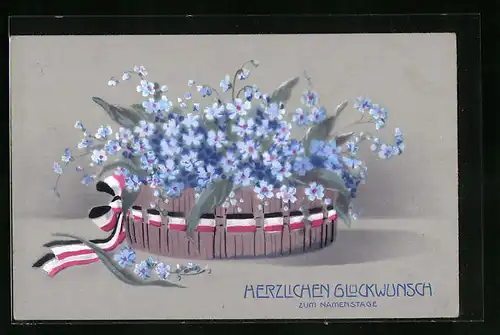 AK Schöner Blumenkorb gefüllt mit hübsch blühenden Vergissmeinnicht