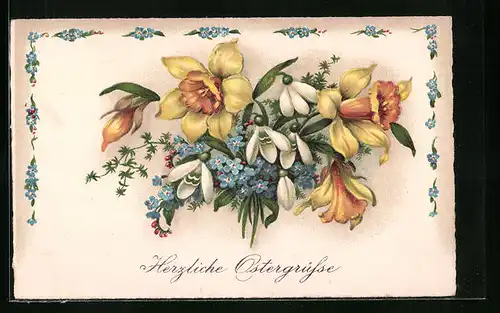 AK Schöner Ostergruss mit Schneeglöckchen und Narzissen im Strauss