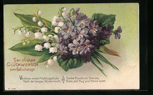 AK Blumenstrauss aus Veilchen und Maiglöckchen