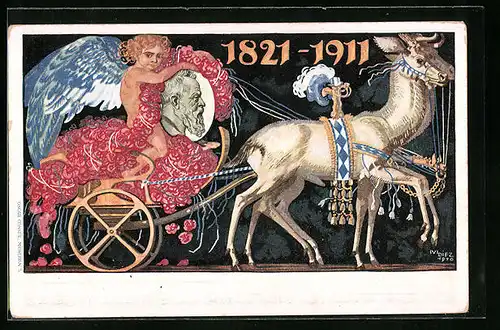 Künstler-AK Prinzregent Luitpold von einem Engel gehalten, 1821-1911, Ganzsache Bayern