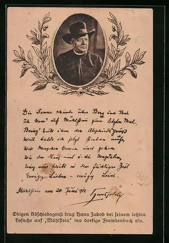 AK Dichter Hans Jakob im Portrait, handschriftliches Gedicht
