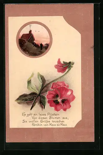 Präge-AK Schön blühende Stiefmütterchen in rosa, Bauernhaus