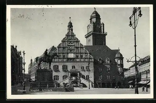 AK Plauen i. V., Altmarkt mit Denkmal und Rathaus