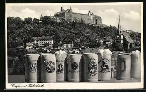 AK Kulmbach, Gesamtansicht mit Schloss, verschiedene Bierkrüge im Vordergrund