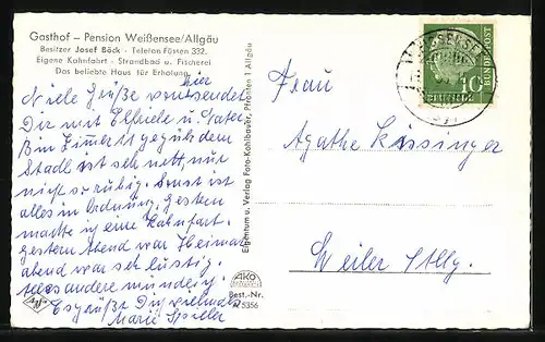 AK Weissensee / Allgäu, Gasthof-Pension von Josef Böck