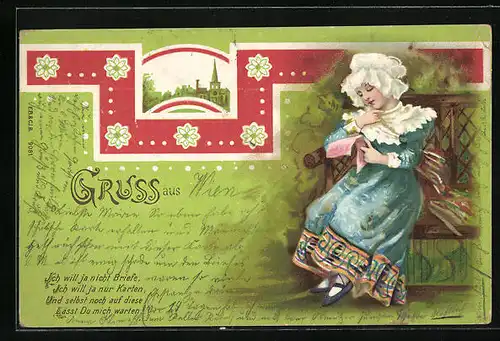 Lithographie Ich will ja nicht Briefe, ich will ja nur Karten..., Fräulein liest einen Brief, Blumengirlande