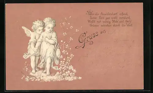 Lithographie Wer due Ansichtskart'erfand, seine Zeit gar wohl verstand..., Mädchen mit Amor