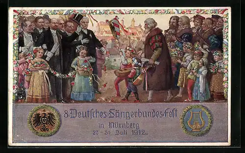 Künstler-AK Nürnberg, 8. Deutsches Sängerbundes-Fest 1912, Sänger und Kinder mit Blumen, Ganzsache Bayern