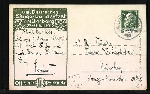 Künstler-AK Nürnberg, 8. Deutsches Sängerbundes-Fest 1912, Sänger und Kinder mit Blumen, Ganzsache Bayern