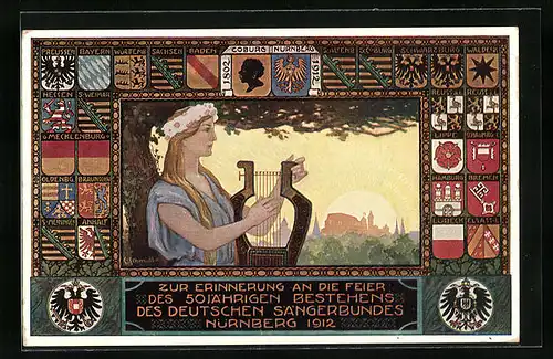Künstler-AK Nürnberg, 8. Deutsches Sängerbundes-Fest 1912, Sängerin mit Lyra, Ganzsache Bayern