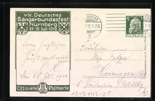 Künstler-AK Nürnberg, 8. Deutsches Sängerbundes-Fest 1912, Sängerin mit Lyra, Ganzsache Bayern