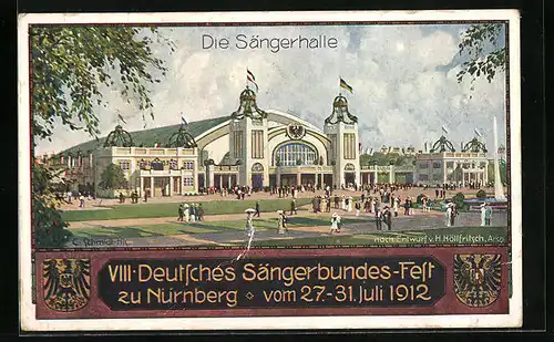 Künstler-AK Nürnberg, 8. Deutsches Sängerbundes-Fest 1912, Sängerhalle, Ganzsache Bayern