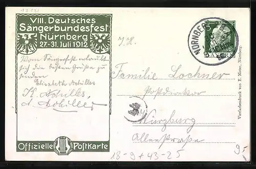 Künstler-AK Nürnberg, 8. Deutsches Sängerbundes-Fest 1912, Stadtansicht, Ganzsache Bayern
