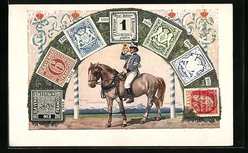 Künstler-AK Portrait König Ludwig III., bayerische Briefmarken und Postbote, Ganzsache Bayern
