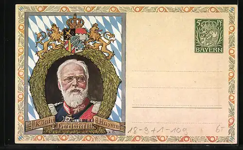 Künstler-AK Portrait König Ludwig III., bayerische Briefmarken und Postbote, Ganzsache Bayern