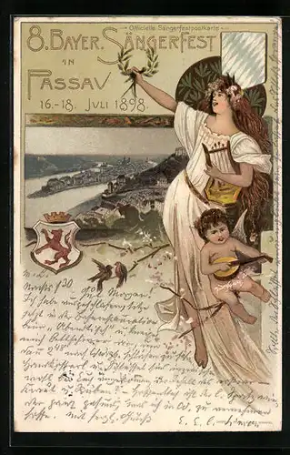 Lithographie Passau, 8, Bayer. Sängerfest 1898, Frau mit Lyra und Engel am Stadtrand, Ganzsache Bayern