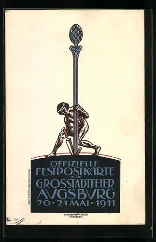 AK Augsburg, Grossstadtfeier 1911, nackter Mann Hammer, Ganzsache Bayern, PP27 C 12