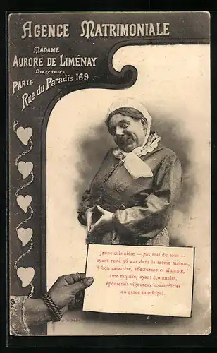 AK Agence Matrimoniale, Madame Aurore de Liménay, Paris, Mann als Frau verkleidet, Travestie