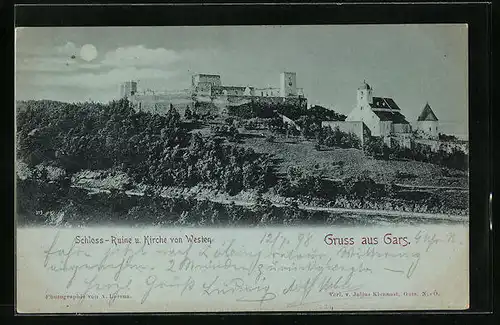 Mondschein-AK Gars, Schloss-Ruine und Kirche von Westen