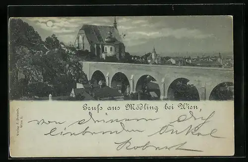 Mondschein-AK Mödling, Teilansicht mit Aquädukt