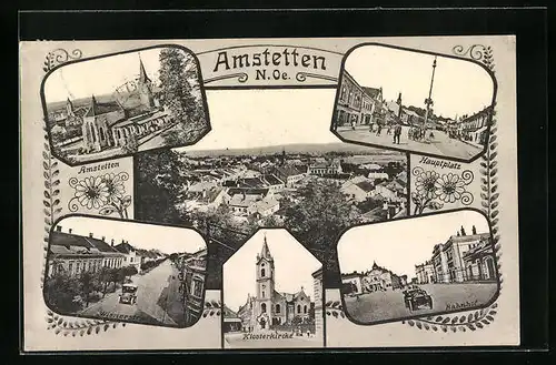 AK Amstetten, Hauptplatz mit Geschäft, Klosterkirche, Bahnhof