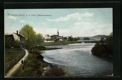 AK Wieselburg a. d. Erlaf-Mitterwasser, Uferpartie mit Brücke