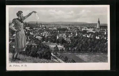 AK St. Pölten, Totalansicht, Österreicherin im Trachtenkleid