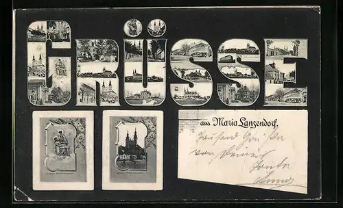 AK Maria Lanzendorf, Wallfahrtskirche, Gnadenbild, Ortsansichten in Buchstaben