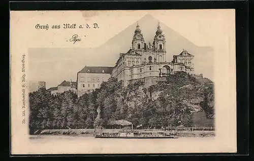 AK Melk a. d. Donau, Panorama vom Stift, Donaudampfer