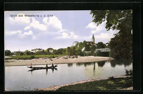 AK Wieselburg a. d. Erlauf, Ruderpartie mit Blick auf den Ort
