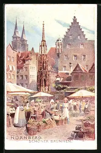 Künstler-AK Nürnberg, Wochenmarkt am Schönen Brunnen