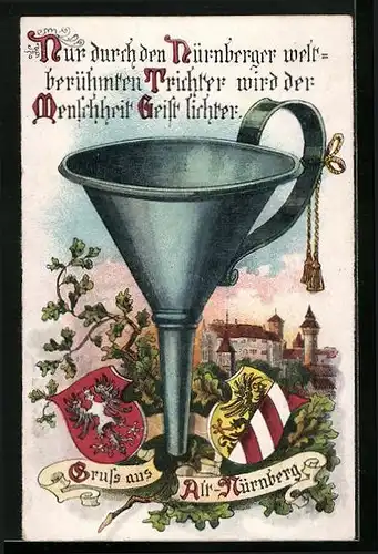 Lithographie Nürnberg, der berühmte Trichter, Blick auf die Burg
