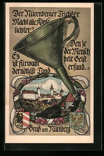 Künstler-AK Nürnberg, Stadtansicht mit Wappen und Trichter