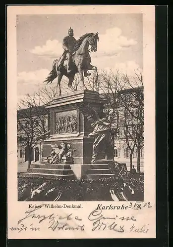 AK Karlsruhe, am Kaiser Wilhelm Denkmal