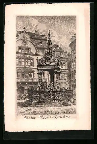 Künstler-AK Mainz, Partie am Markt-Brunnen