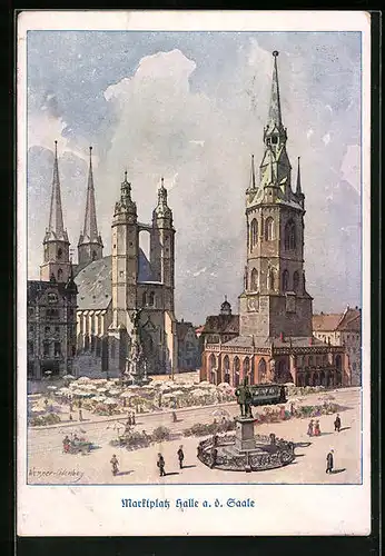 Künstler-AK Halle a. d. Saale, Marktplatz mit Rotem Turm