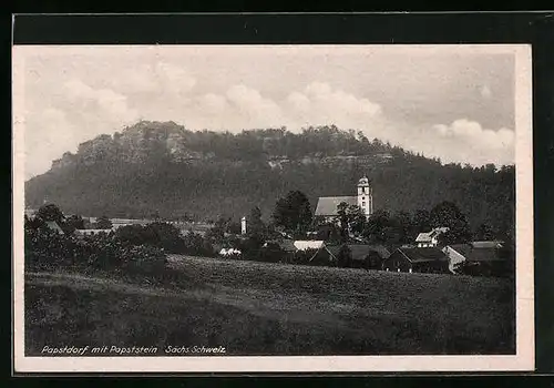 AK Papstdorf / Sächs. Schweiz, Ortsansicht mit Papststein