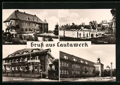 AK Lautawerk, Rathaus, Bad, Krankenhaus und Karl-Liebknecht-Schule mit Siedlung