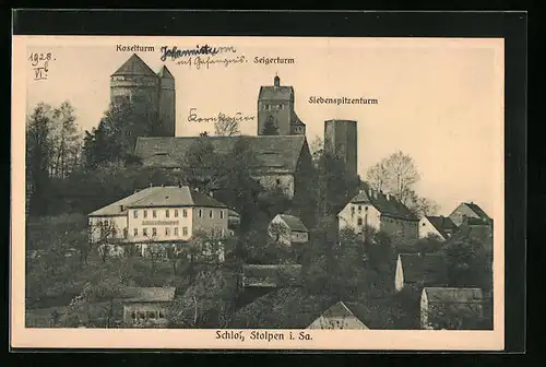 AK Stolpen i. Sa., Schloss mit Seigerturm, Siebenspitzenturm und Koselturm