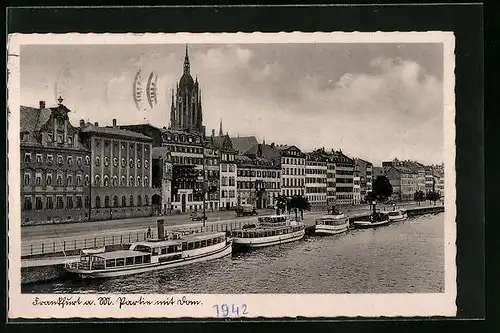 AK Alt-Frankfurt, Flusspartie mit Blick zum Dom, Dampfer an der Anlegestelle