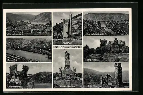 AK Bingen / Rhein, Blick vom Rochusberg, Mäuseturm, National-Denkmal, Burg Rheinstein, Ruine Ehrenfels