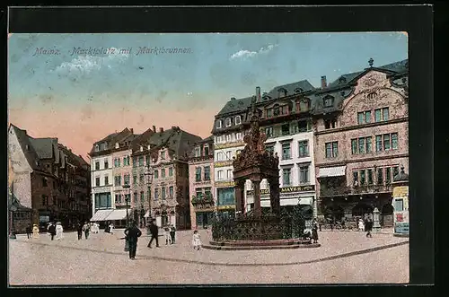 AK Mainz, Marktplatz mit Marktbrunnen