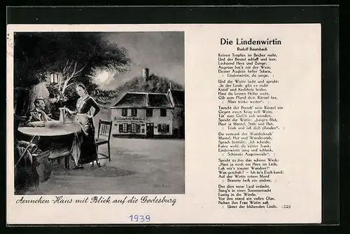 AK Bad Godesberg, Aennchen-Haus mit Blick auf die Godesburg, Gedicht Die Lindenwirtin